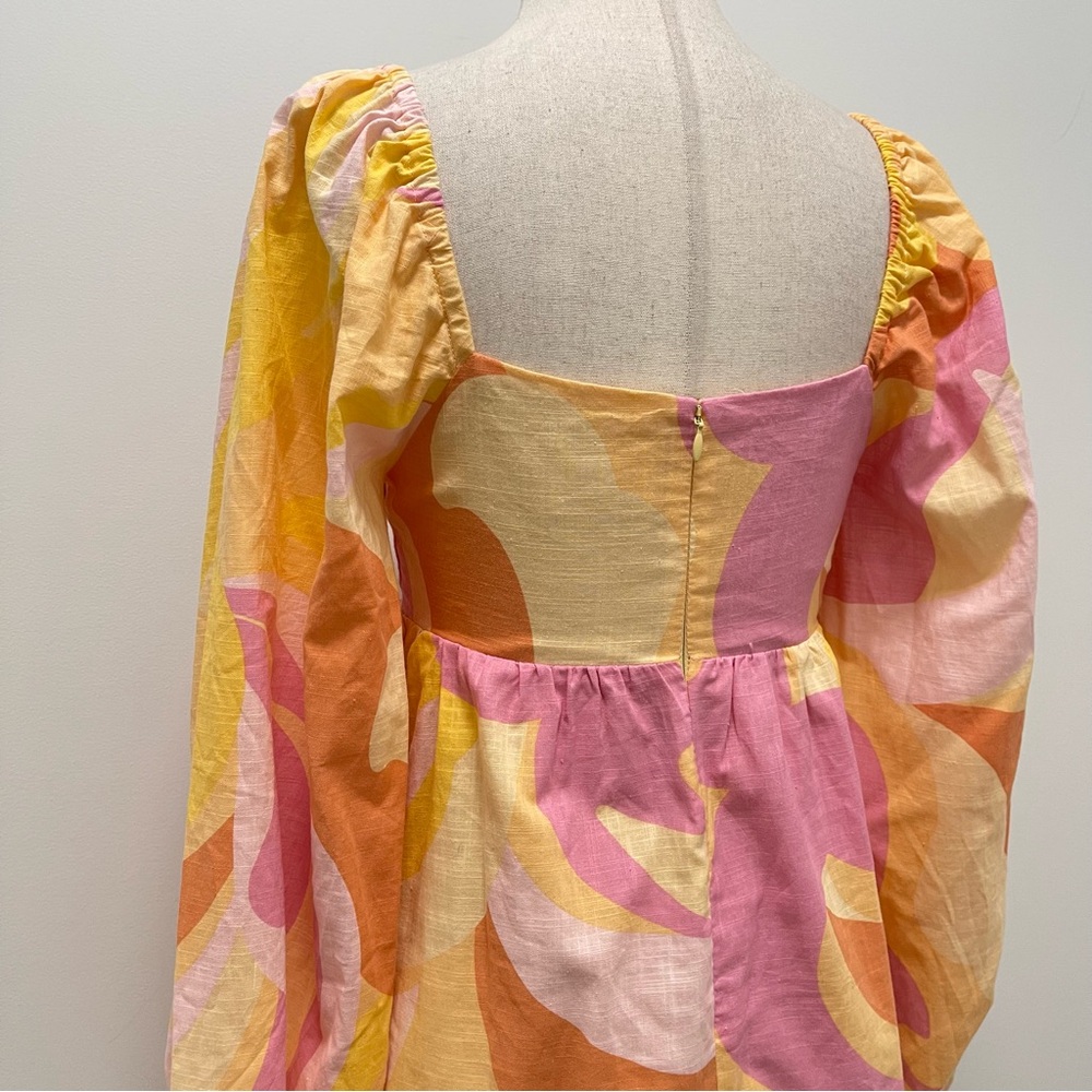 Sabo Alya Babydoll Pink Yellow Long Puff Sleeve Mini Dress Size X-Small - Picture 10 of 16